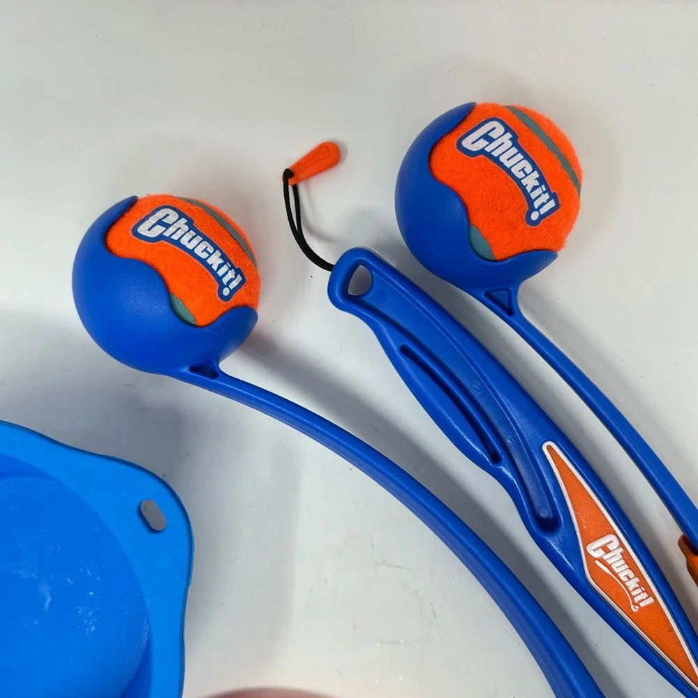 Chuckit! Dog Ball Launcher Set with Collapsible Travel Bowls Blue Orange 4pc